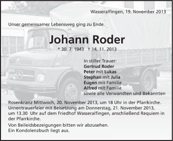 Traueranzeige von Johann Roder von Schwäbische Post
