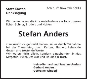 Traueranzeige von Stefan Anders von Schwäbische Post