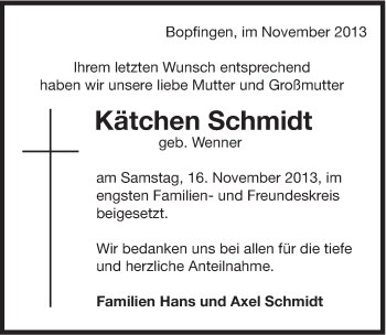 Traueranzeige von Kätchen Schmidt von 082