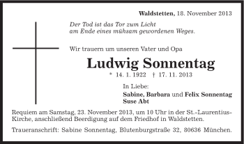 Traueranzeige von Ludwig Sonnentag von Gmünder Tagespost