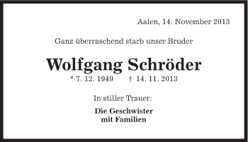 Traueranzeige von Wolfgang Schröder von Schwäbische Post