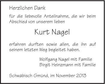 Traueranzeige von Kurt Nagel von Gmünder Tagespost