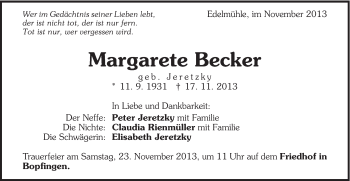 Traueranzeige von Margarete Becker von Schwäbische Post