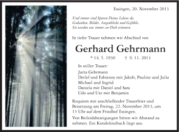 Traueranzeige von Gerhard Gehrmann von Schwäbische Post