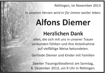 Traueranzeige von Alfons Diemer von Schwäbische Post