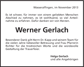 Traueranzeige von Werner Gerlach von Schwäbische Post