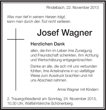 Traueranzeige von Josef Wagner von Schwäbische Post