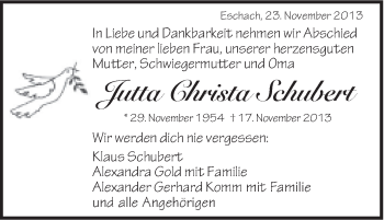 Traueranzeige von Jutta Christa Schubert von Gmünder Tagespost