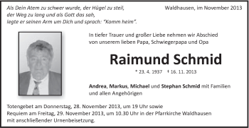 Traueranzeige von Raimund Schmid von Schwäbische Post