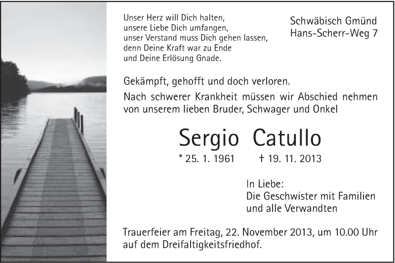  Traueranzeige für Sergio Catullo vom 21.11.2013 aus Gmünder Tagespost