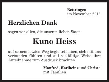 Traueranzeige von Kuno Heiss von Gmünder Tagespost