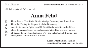 Traueranzeige von Anna Fehd von Gmünder Tagespost
