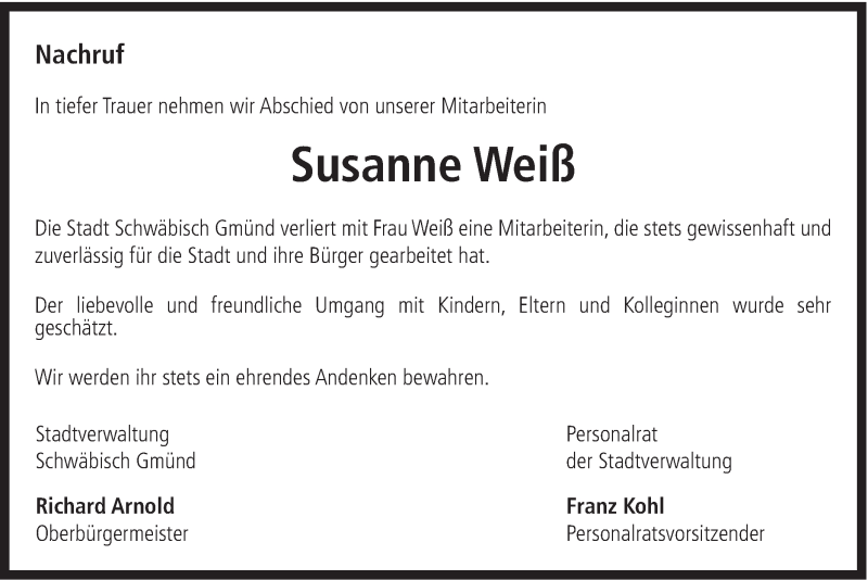  Traueranzeige für Susanne Weiß vom 21.11.2013 aus Gmünder Tagespost