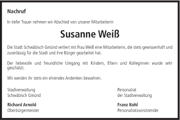 Traueranzeige von Susanne Weiß von Gmünder Tagespost