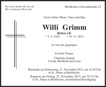 Traueranzeige von Willi Grimm von Gmünder Tagespost