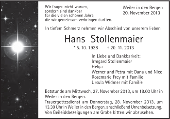 Traueranzeige von Hans Stollenmaier von Gmünder Tagespost