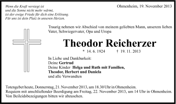 Traueranzeige von Theodor Reicherzer von Schwäbische Post