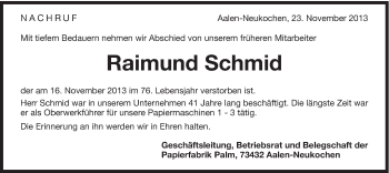 Traueranzeige von Raimund Schmid von Schwäbische Post
