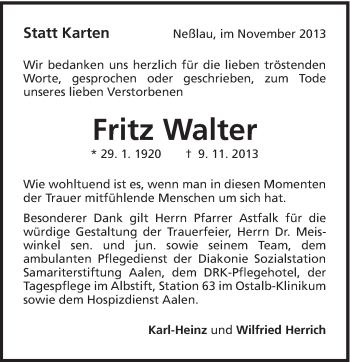Traueranzeige von Fritz Walter von Schwäbische Post