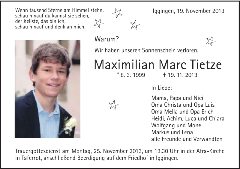  Traueranzeige für Maximilian Marc Tietze vom 22.11.2013 aus Gmünder Tagespost