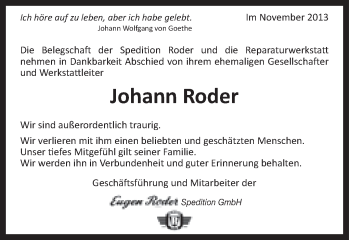 Traueranzeige von Johann Roder von Schwäbische Post