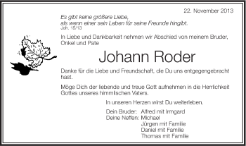 Traueranzeige von Johann Roder von Schwäbische Post