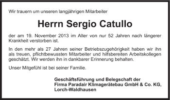 Traueranzeige von Sergio Catullo von Gmünder Tagespost