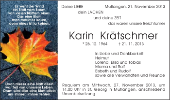 Traueranzeige von Karin Krätschmer von Gmünder Tagespost