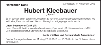 Traueranzeige von Hubert Kleebauer von Schwäbische Post