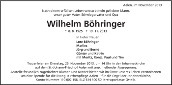 Traueranzeige von Wilhelm Böhringer von Schwäbische Post