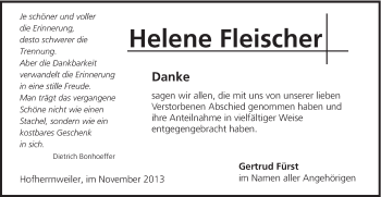 Traueranzeige von Helene Fleischer von Schwäbische Post