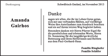 Traueranzeige von Amanda Gairhos von Gmünder Tagespost