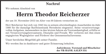 Traueranzeige von Theodor Reicherzer von Schwäbische Post