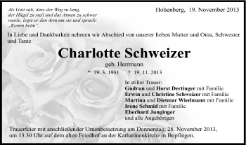 Traueranzeige von Charlotte Schweizer von Schwäbische Post