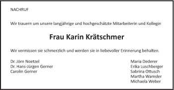 Traueranzeige von Karin Krätschmer von Gmünder Tagespost