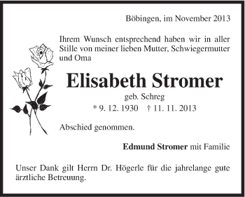 Traueranzeige von Elisabeth Stromer von Gmünder Tagespost