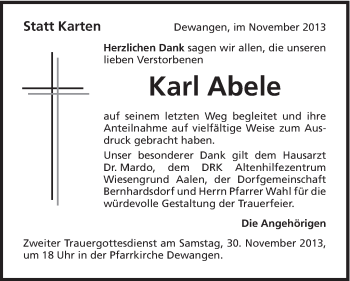 Traueranzeige von Karl Abele von Schwäbische Post