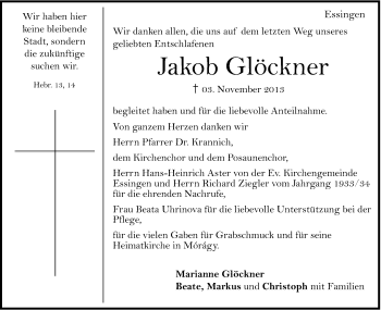 Traueranzeige von Jakob Glöckner von Schwäbische Post