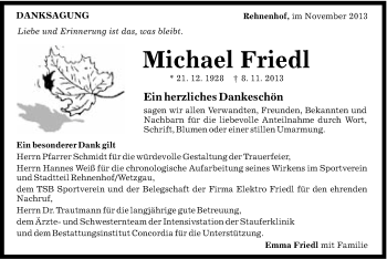 Traueranzeige von Michael Friedl von Gmünder Tagespost