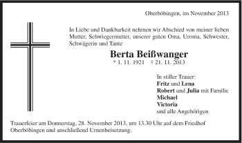 Traueranzeige von Berta Beißwanger von Gmünder Tagespost
