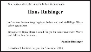 Traueranzeige von Hans Ruisinger von Gmünder Tagespost