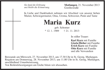 Traueranzeige von Maria Kurz von Gmünder Tagespost