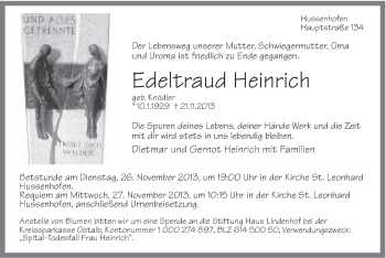 Traueranzeige von Edeltraud Heinrich von Gmünder Tagespost