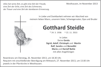 Traueranzeige von Gotthard Steidle von Schwäbische Post