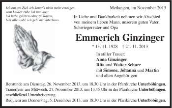Traueranzeige von Emmerich Ginzinger von Gmünder Tagespost