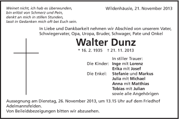 Traueranzeige von Walter Dunz von Schwäbische Post