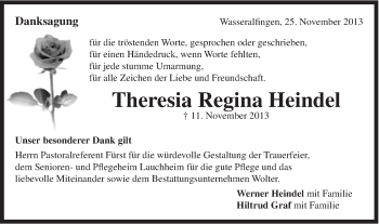 Traueranzeige von Theresia Regina Heindel von Schwäbische Post