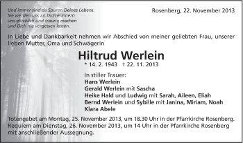 Traueranzeige von Hiltrud Werlein von Schwäbische Post