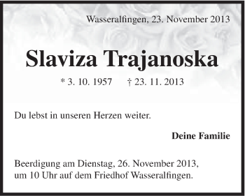 Traueranzeige von Slaviza Trajanoska von Schwäbische Post
