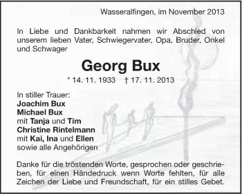 Traueranzeige von Georg Bux von Schwäbische Post